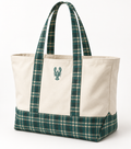 Maritime Summers cream canvas tote bag with green tartan straps and embroidered lobster, front view