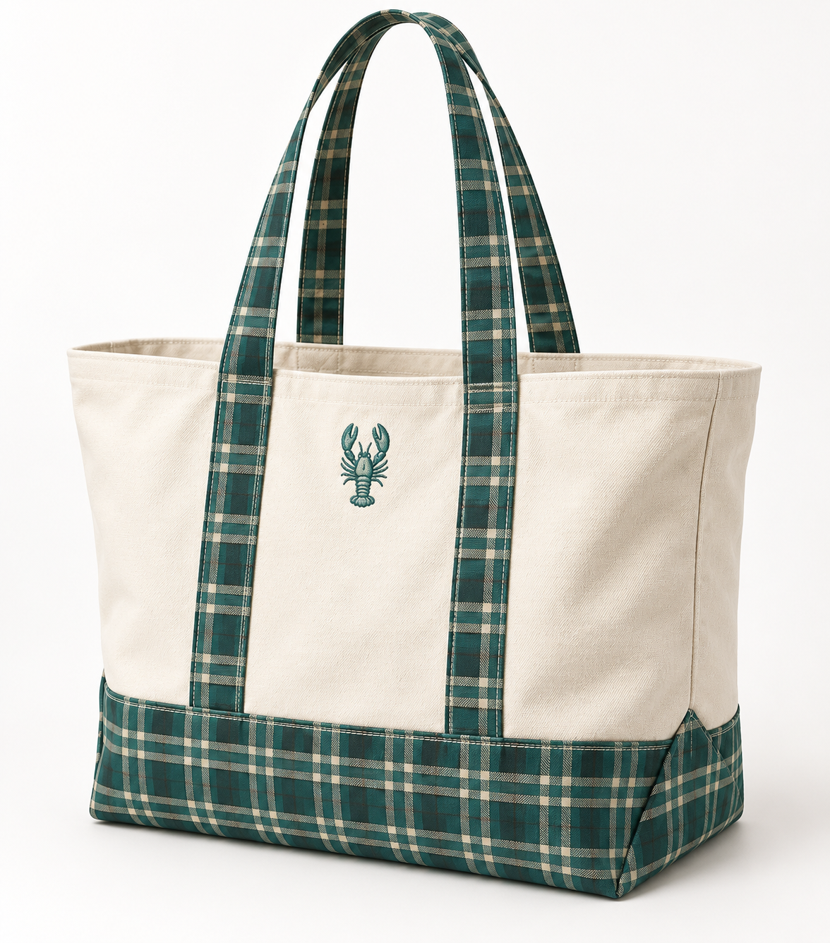 Maritime Summers cream canvas tote bag with green tartan straps and embroidered lobster, front view