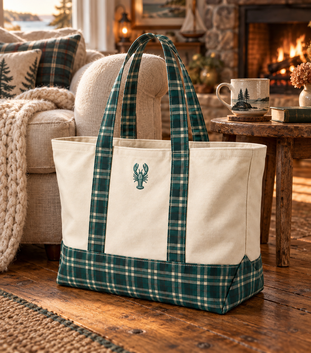 Maritime Summers tartan lobster tote bag styled in a cozy cottage living room by the fire